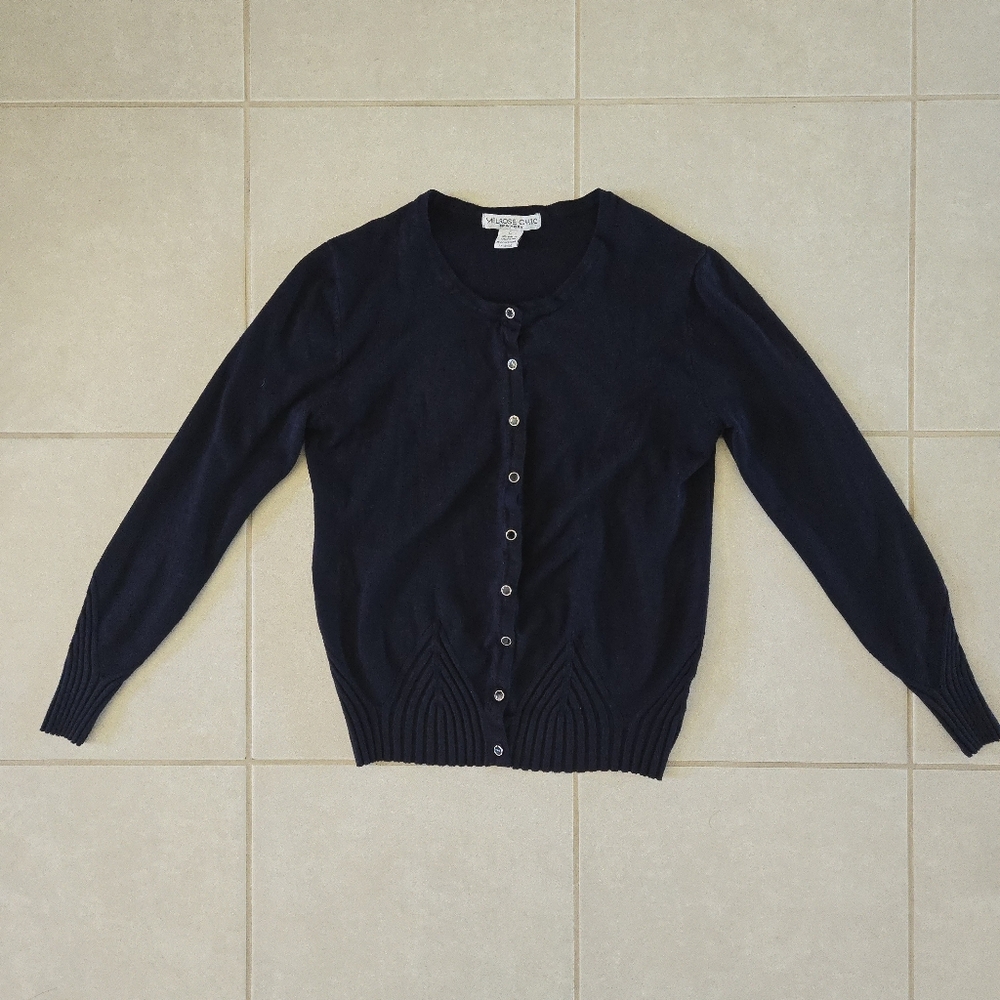 Melrose Chic L Navy Long Sleeve Crew Neck Button Cardigan Sweater Art Deco Hem